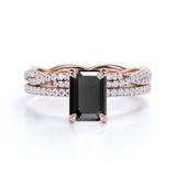 Unique 1.75 Carat Emerald cut Lab Black Diamond Halo Wedding Ring Set for Her in Rose Gold