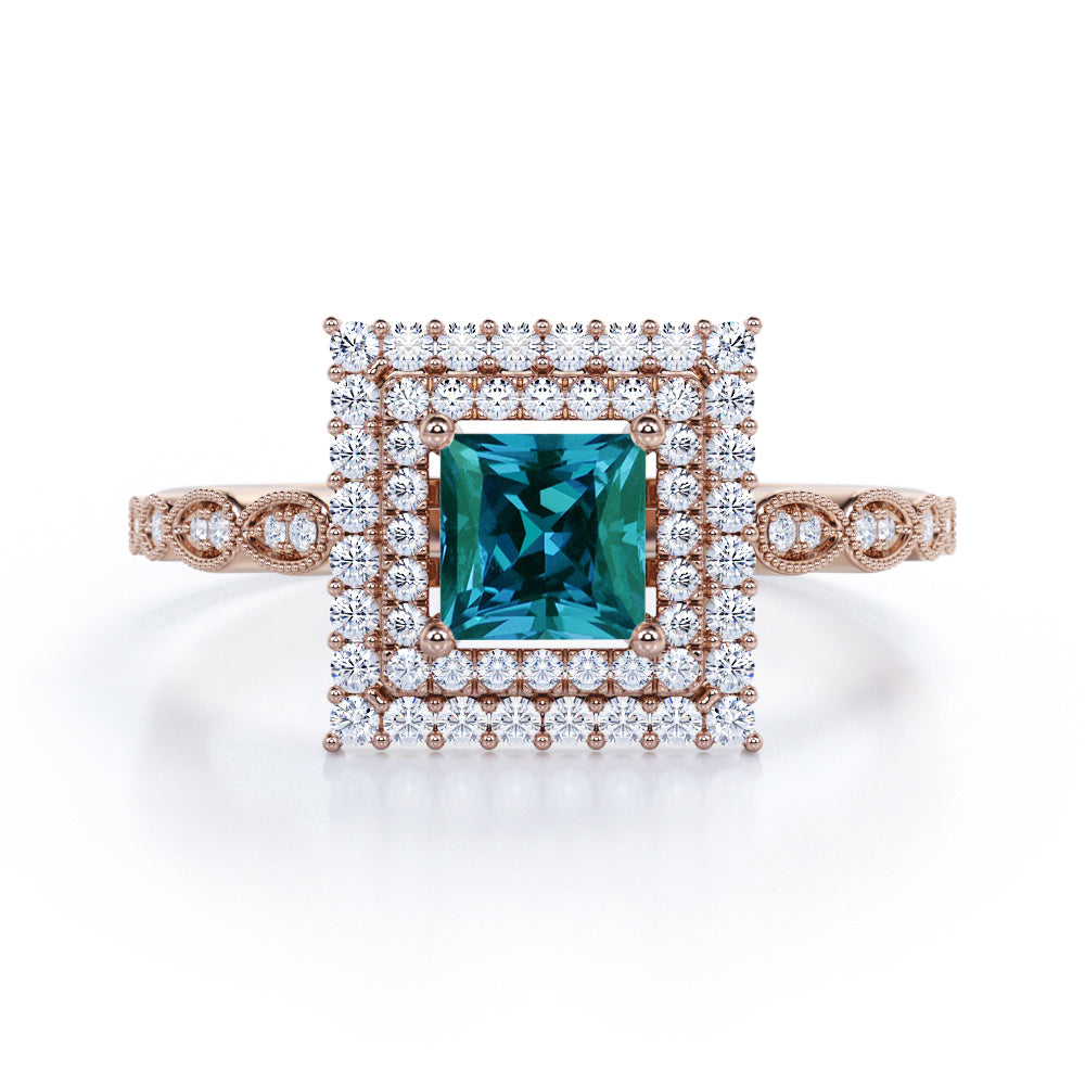 Timeless Double Halo 1.50 Carat Princess Cut Lab Created Alexandrite And Diamond Cluster Art Deco Engagement Ring In White Gold For Her