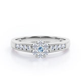 Clustered 1 carat Round Petite Aquamarine and Moissanites Channel Engagement Ring in White Gold