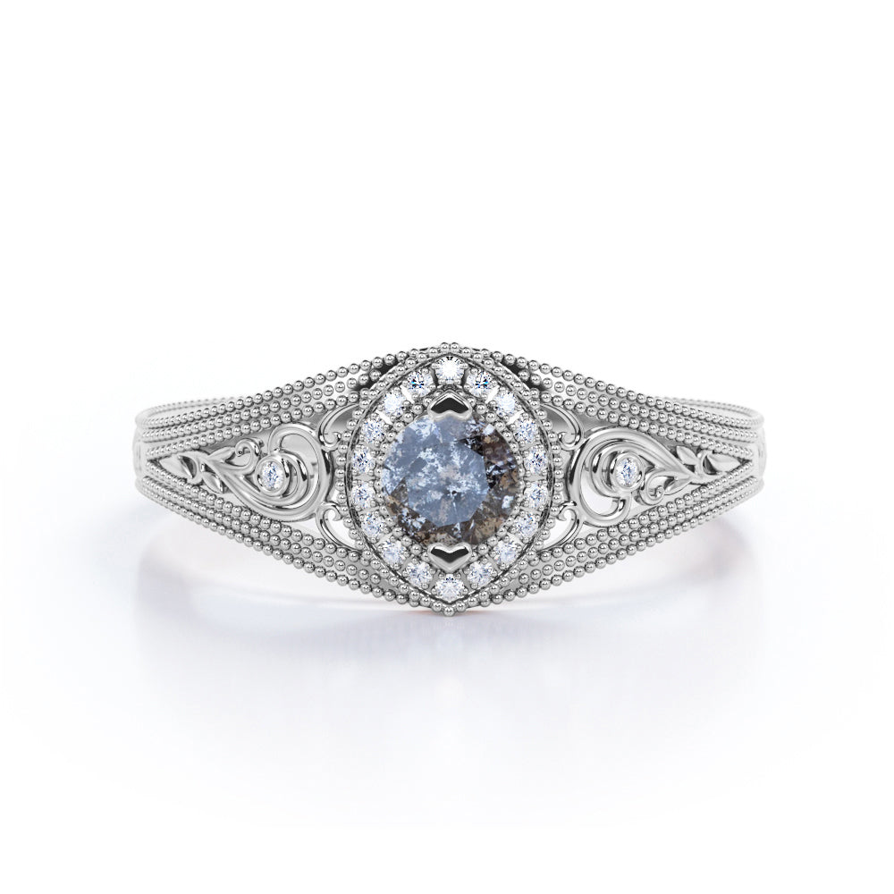 Vintage Cluster 1 Carat Round Cut Fancy Black Grey Salt and Pepper Diamond Milgrain Engagement Ring in Rose Gold