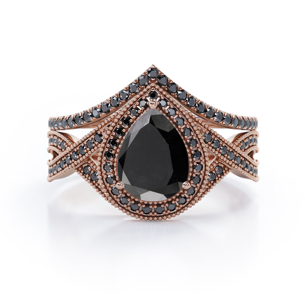 1.75 ct Pear Lab Black Diamond Milgrain Halo Wedding Ring Set