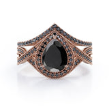 1.75 ct Pear Lab Black Diamond Milgrain Halo Wedding Ring Set
