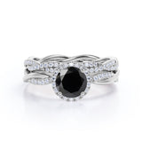 1.75 Carat Round cut Lab Black Diamond Bridal Set with semi eternity wedding band in White Gold