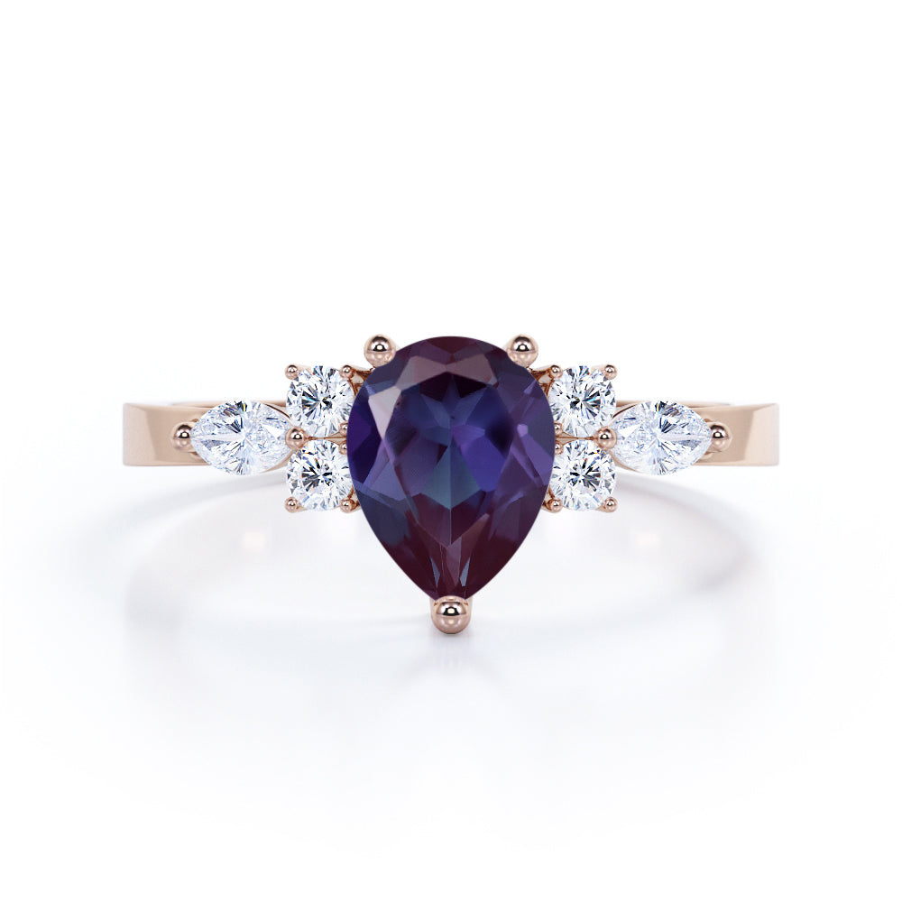 Unique 1.35 Carat Tear Drop Lab Created Alexandrite And Diamond Seven Stone Engagement Ring In White Gold