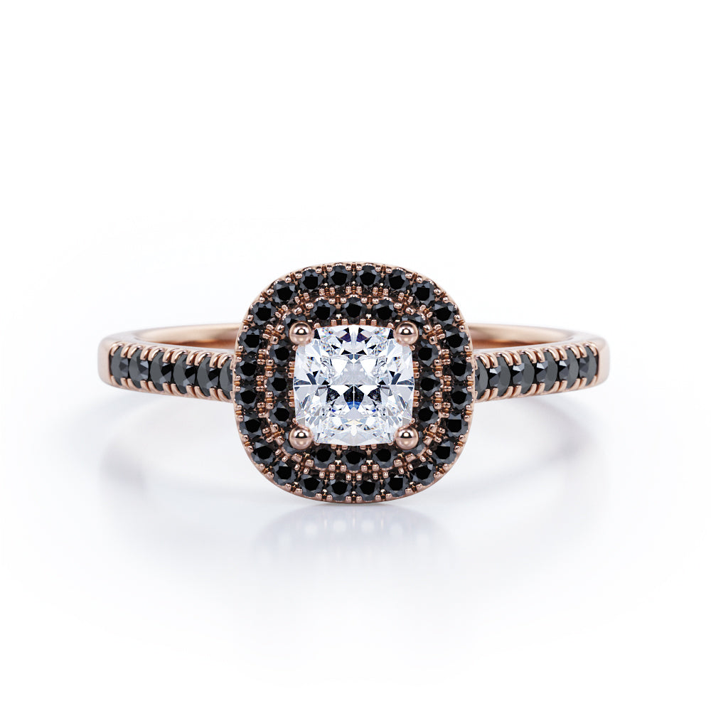 Double Halo Style - 1.45 TCW Princess Cut Moissanite with Lab Created Black Diamond - Scalloped Pave Engagement Ring in Yellow Gold