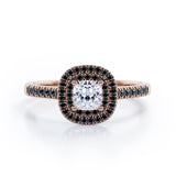 Double Halo Style - 1.45 TCW Princess Cut Moissanite with Lab Created Black Diamond - Scalloped Pave Engagement Ring in Yellow Gold