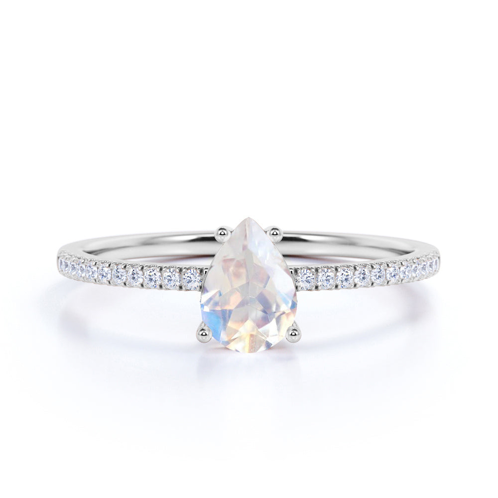 Simple 1.25 Carat Pear Shape Rainbow Moonstone and Diamond Engagement Ring in Rose Gold