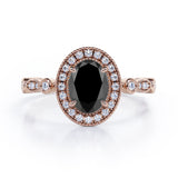 Antique Art Deco 1.35 Carat Oval Cut Black Diamond Halo Engagement Ring In Black Gold