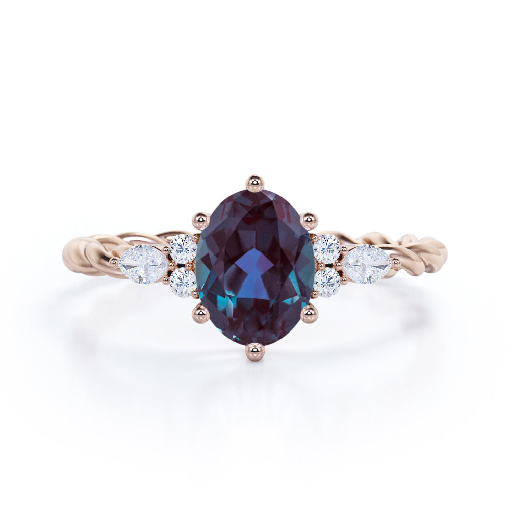 Unique Six Prong 1.35 Carat Oval Cut Lab Created Alexandrite And Diamond Seven Stone Rolled Engagement Ring In White Gold