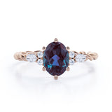 Unique Six Prong 1.35 Carat Oval Cut Lab Created Alexandrite And Diamond Seven Stone Rolled Engagement Ring In White Gold