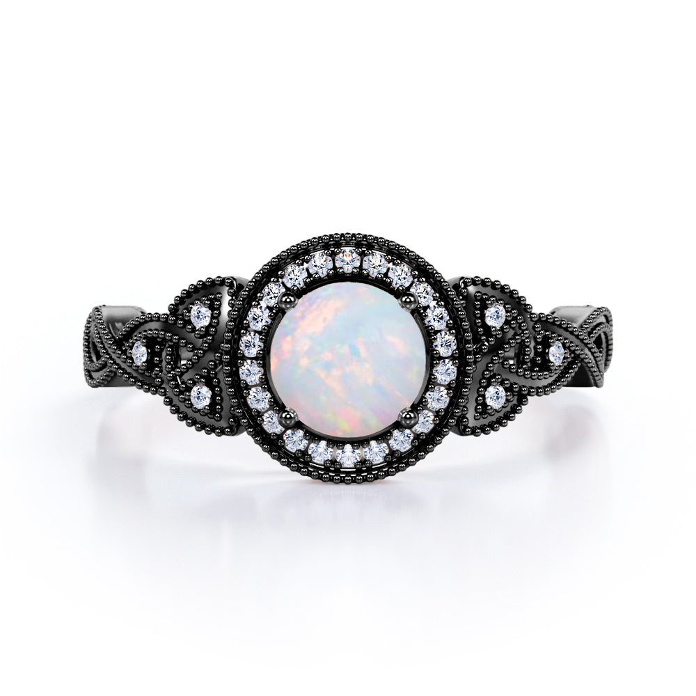 Intertwined 1.35 Carat Infinity Round Cut White Fire Opal And Diamond Vintage Milgrain Halo Engagement Ring In White Gold For Her