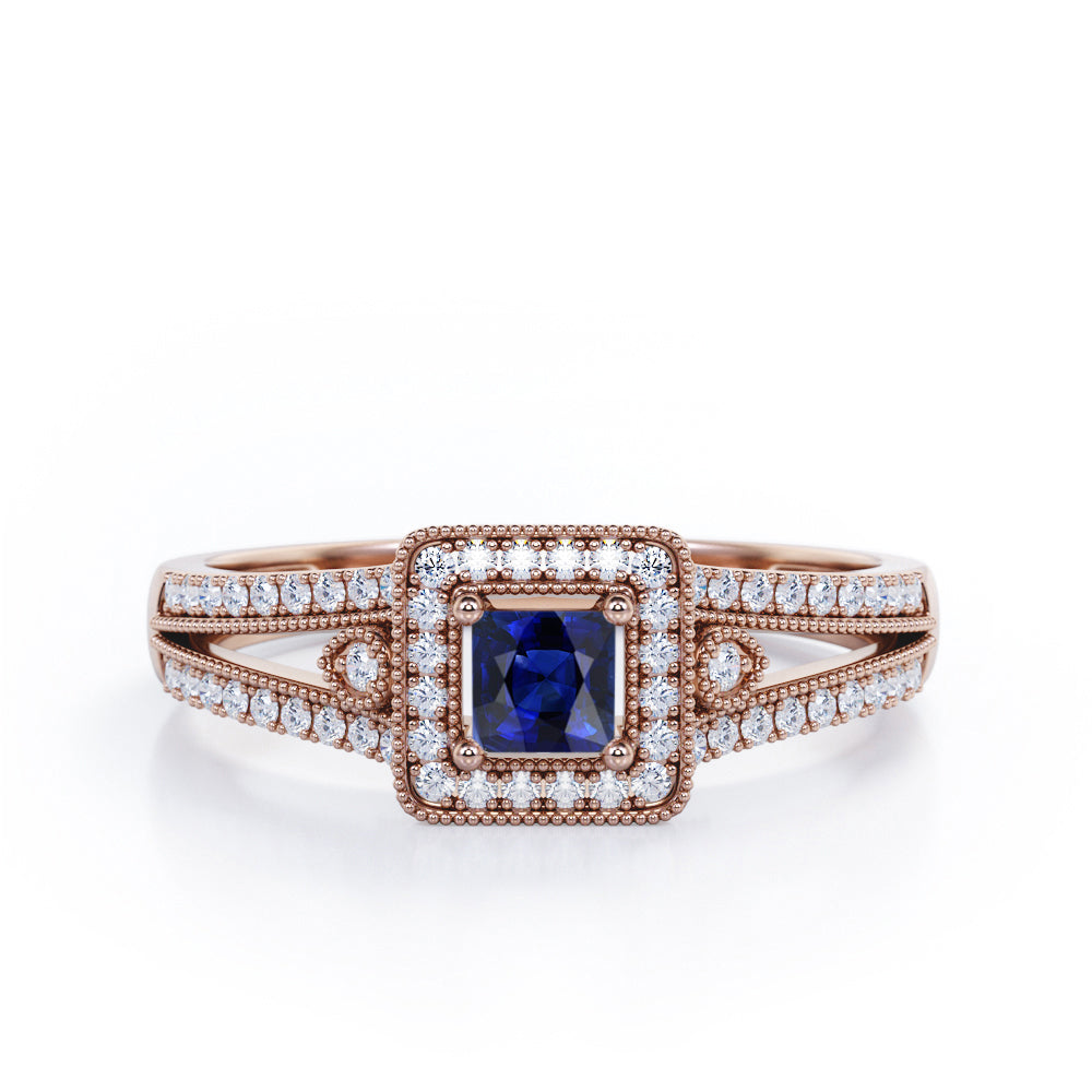 Split-Shanked Pave 1.55 Carat Princess Cut Blue Sapphire and diamond Milgrain-Bordered Halo Engagement Ring in White Gold
