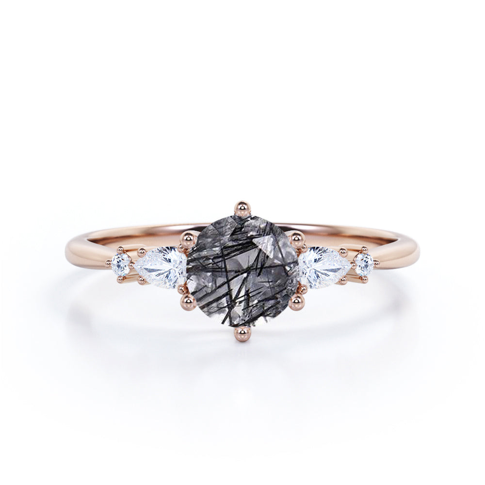 Tapered Six Prong 1.20 Carat Brilliant Round Cut Natural Black Rutilated Quartz And Diamond Five Stone Engagement Ring In White Gold