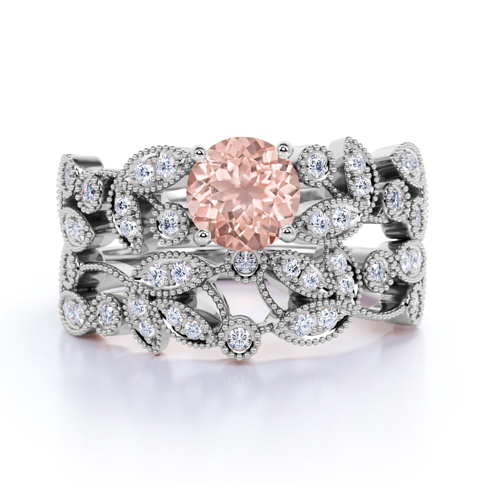 Modern Art Deco 1.50 Carat Round Brilliant Cut Morganite and Diamond Leaf Bridal Ring Set in Rose Gold