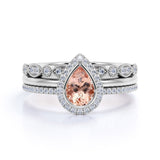Art Deco 1.75 Carat Pear Shape Peach Morganite and Diamond Trio Wedding Ring Set in Rose Gold