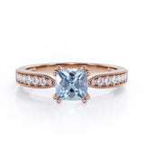 Beaded Eight Prongs 1.25 Carat Cushion Cut Aquamarine And Diamond Antique Milgrain Engagement Ring In Rose Gold