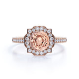 Designer 1.25 Carat Round Cut Peach Morganite and Diamond Halo Engagement Ring in Rose Gold