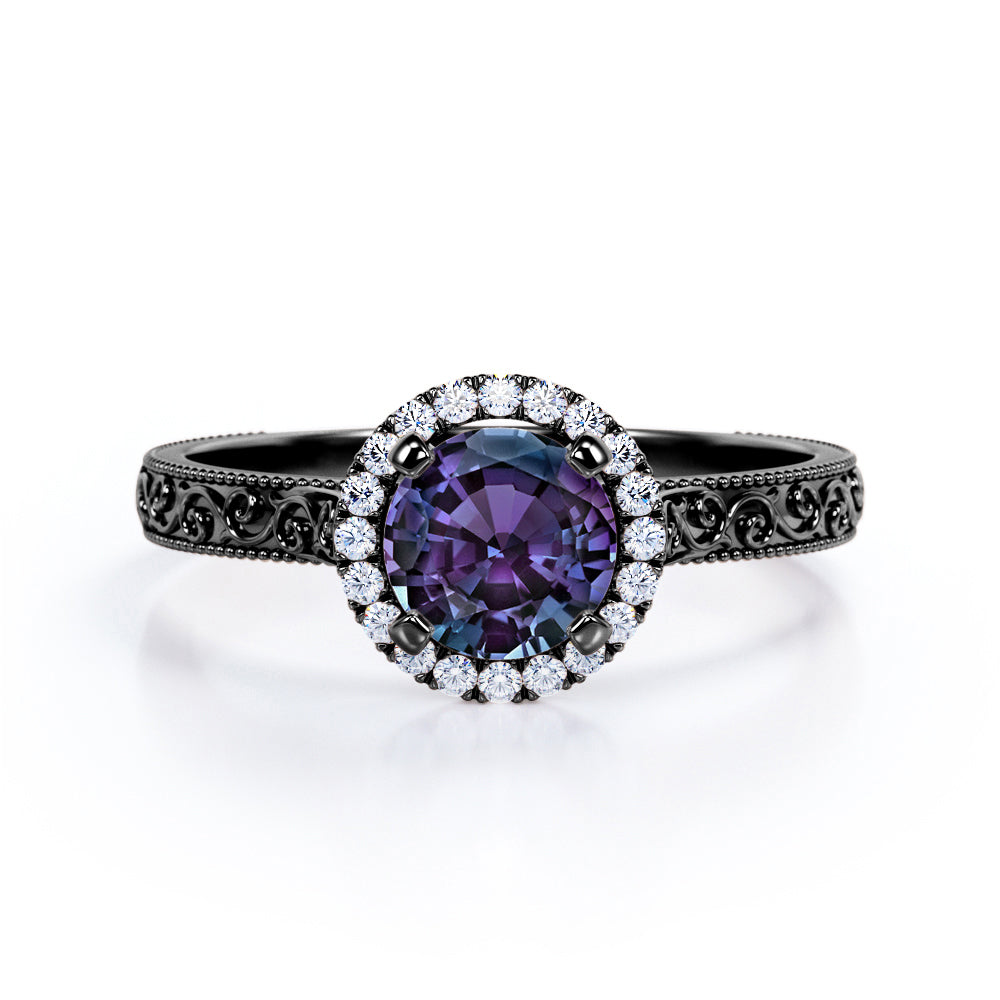 Art Deco 1.25 Carat Round Cut Lab Created Alexandrite And Diamond Halo Engagement Ring In White Gold