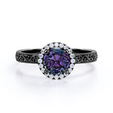 Art Deco 1.25 Carat Round Cut Lab Created Alexandrite And Diamond Halo Engagement Ring In White Gold