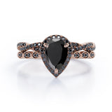 Eternity Crossover 1.75 TCW Pear Shaped Lab Created Black Diamond Halo-Vintage Style Wedding Ring Set in White Gold