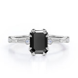 Sharp Eight Claws 1.10 Carat Emerald Cut Black Diamond Beaded Engagement Ring In White Gold