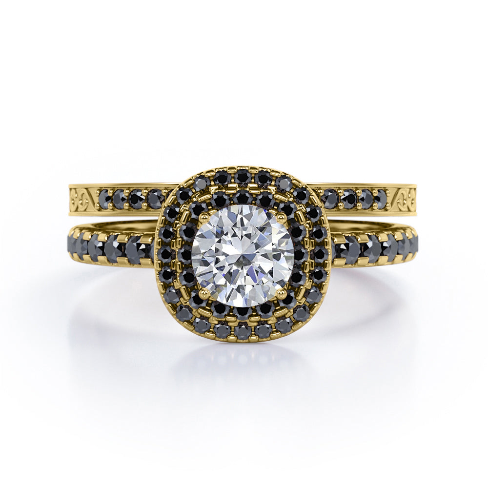 Cushion Double Halo 1.75 TCW Round Brilliant Cut Moissanite with Lab Created Black Diamond Bridal Set with Pave Accents in Black Gold