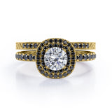 Cushion Double Halo 1.75 TCW Round Brilliant Cut Moissanite with Lab Created Black Diamond Bridal Set with Pave Accents in Black Gold