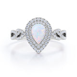 Vintage 1.60 Carat Tear Drop Ethiopian Opal And Diamond Double Halo Engagement Ring In White Gold For Her