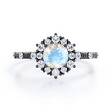 Snowflake Inspired 0.6 carat Round Moonstone and Moissanite Engagement Ring in Black Gold