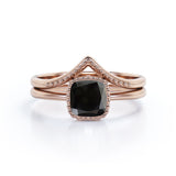 Antique Artdeco 1.25 Cushion cut Lab Black Diamond Wedding Bridal Set in Rose Gold