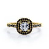 Double Halo Style - 1.45 TCW Princess Cut Moissanite with Lab Created Black Diamond - Scalloped Pave Engagement Ring in Yellow Gold