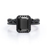 Crossover with Pave Accents - 1.75 TCW Emerald Cut Lab Created Black Diamond - Halo Bridal Ring Set in White Gold