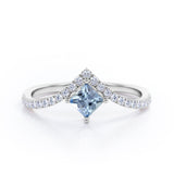 Chevron 1.25 Carat Princess Cut Aquamarine And Diamond Four Prong Pave Set Engagement Ring In White Gold