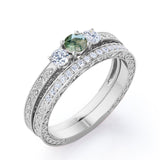 Handmade Antique 1 carat Round Moss Agate and Moissanite 3 Stones Bridal Ring Set in White Gold