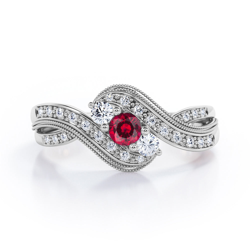 Double Milgrain Curve Infinity 0.7 carat Round Lab-Created Ruby and Moissanite Engagement Ring in Rose Gold
