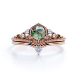 0.6 Carat 6 Prong Hexagon Milgrain Crown Round Shape Genuine Druzy Moss Green Agate And Moissanite Chevron Wedding Ring Set In 18K Rose Gold Plating Over Silver