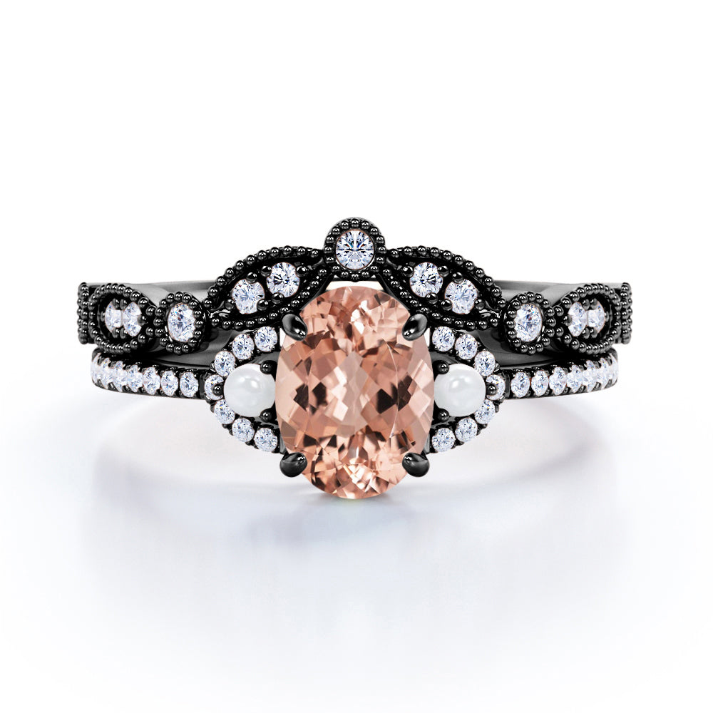 Half Dome Frame 1 carat Oval Morganite and Moissanite Vintage Bridal Ring Set in White Gold