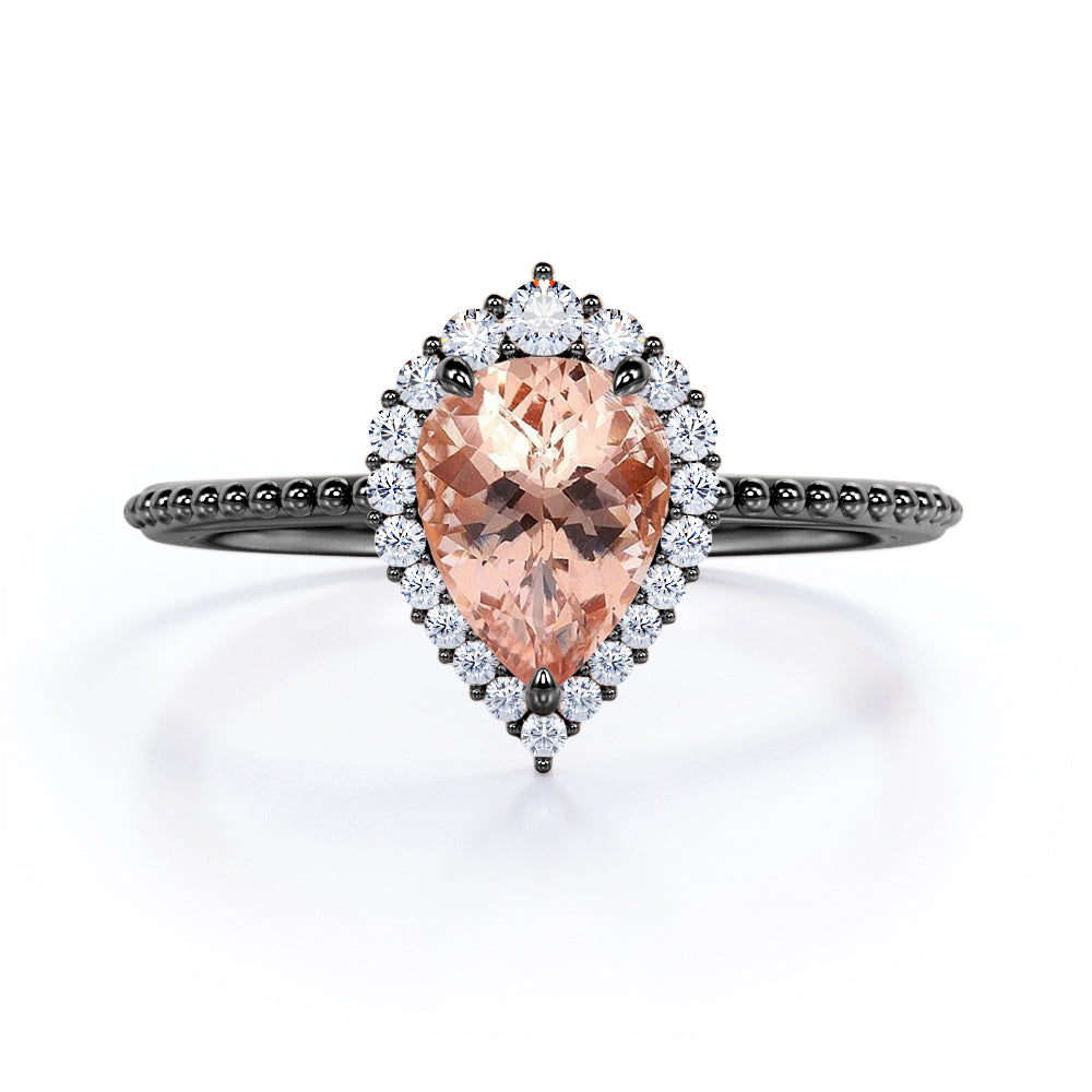 Antique Girlish Style 0.7 carat Pear Morganite and Moissanite Halo Anniversary Ring in White Gold