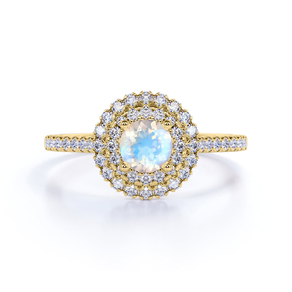 Art Deco Milgrain 1.25 Carat Round Cut Rainbow Moonstone and Diamond Engagement Ring in Rose Gold