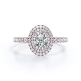 Huge Double Halo 1.50 Carat Oval Shaped Moissanite and Diamond Antique Engagement Ring in White Gold