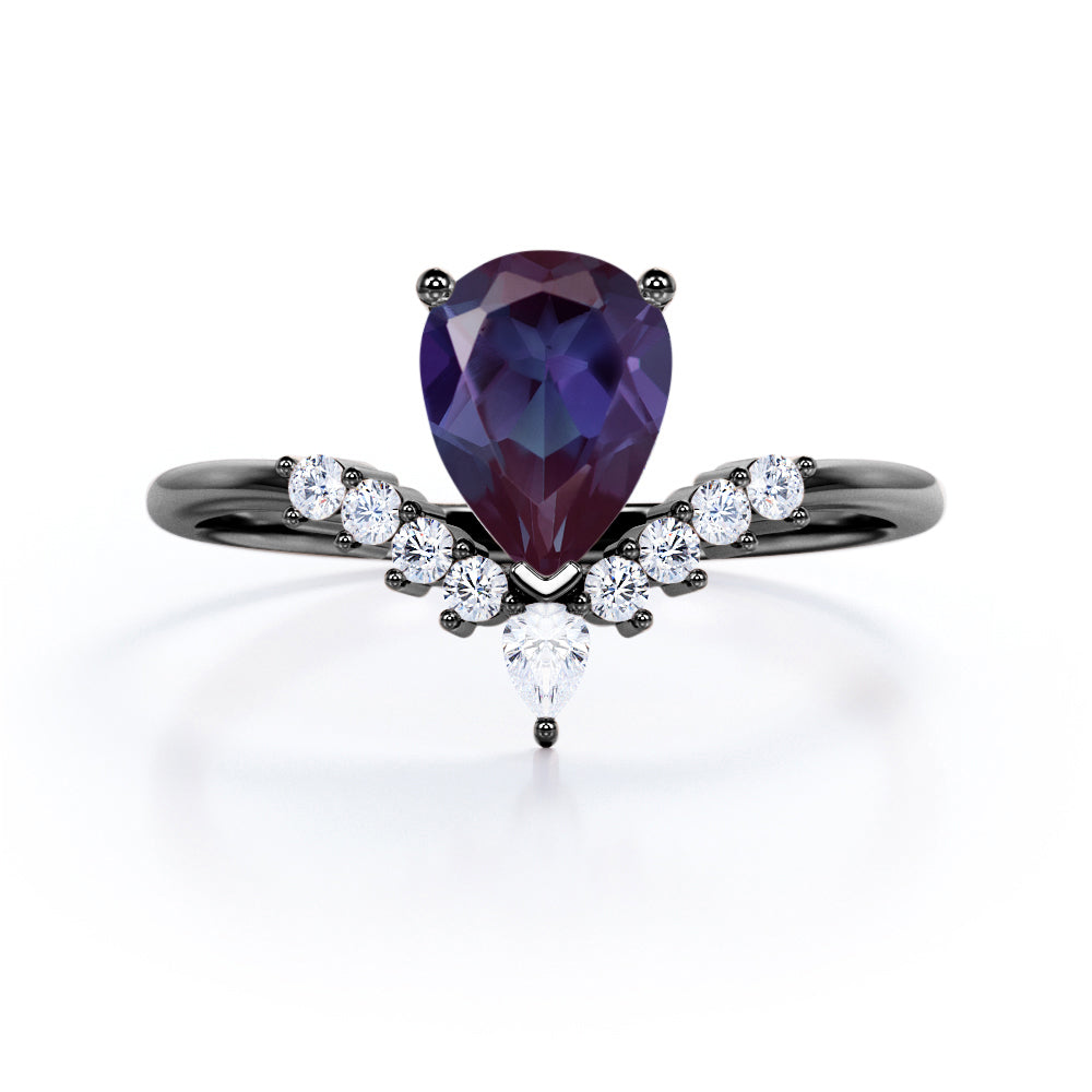 Modern 1.25 Carat Pear Cut  Lab Created Alexandrite And Diamond V Shaped Style Engagement Ring For Women In White Gold