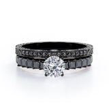 Art Deco Milgrain-Bezel 1.55 TCW Round Shaped Moissanite with Lab Created Black Diamond Shared-Prong Wedding Ring Set in Yellow Gold