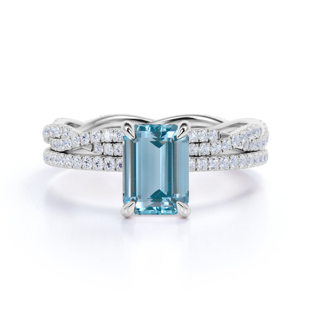 Pave 1.25 ct Emerald Cut Aquamarine Infinity Bridal Ring Set