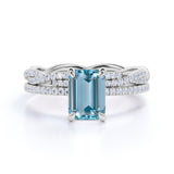 Pave 1.25 ct Emerald Cut Aquamarine Infinity Bridal Ring Set