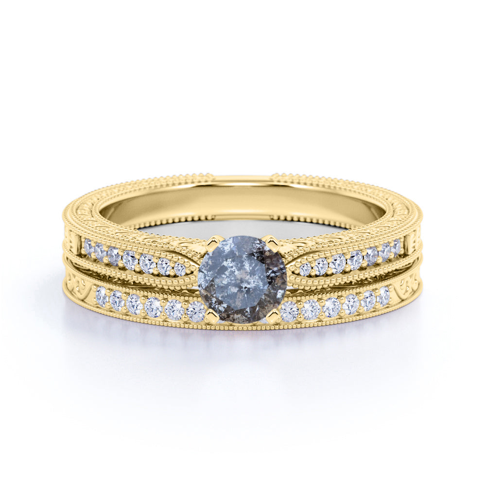 Art Deco 0.85 Ct Round Salt and Pepper Diamond Wedding Ring Set