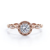 Unique Vintage  0.5 carat Round Moissanite and Diamond Vintage Royal Half Scalloped Ring in Rose Gold