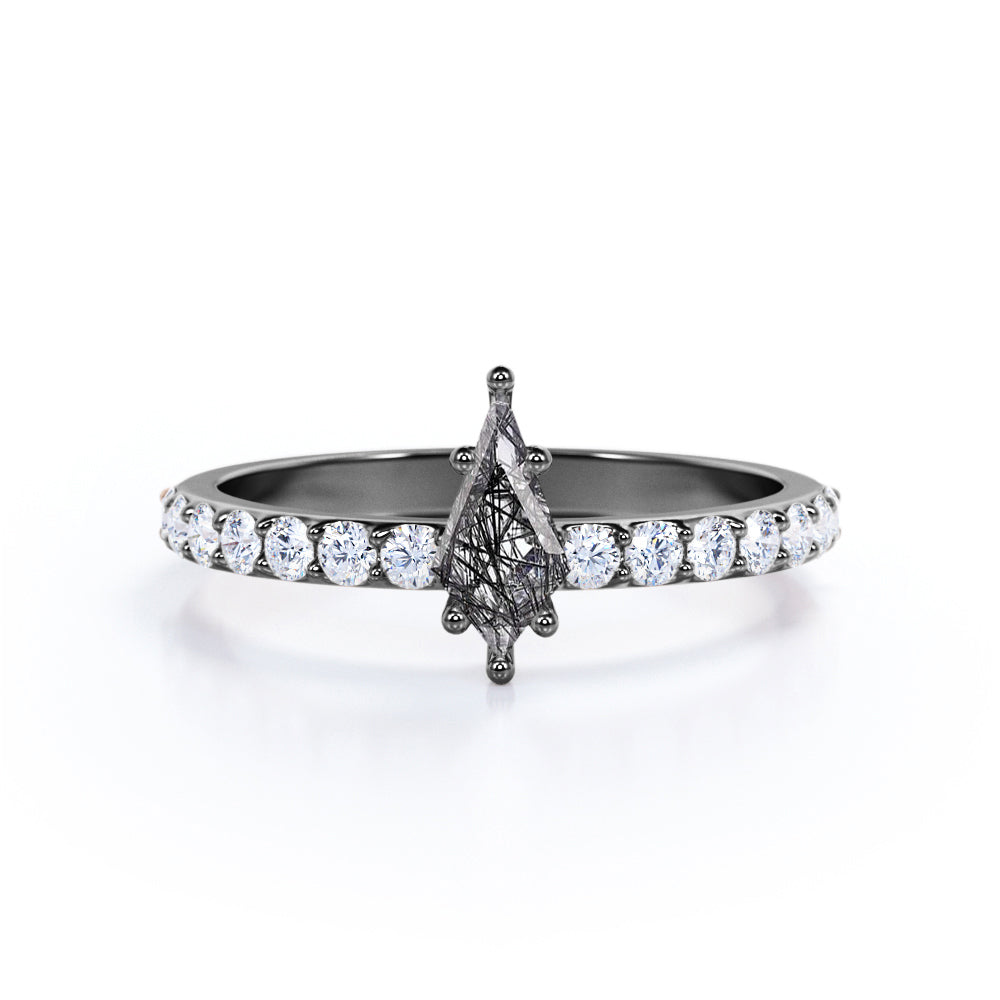 Geometric 1.25 carat Kite Shaped Black Rutilated Quartz And Diamond Six Prong Half Eternity Engagement Ring In White Gold