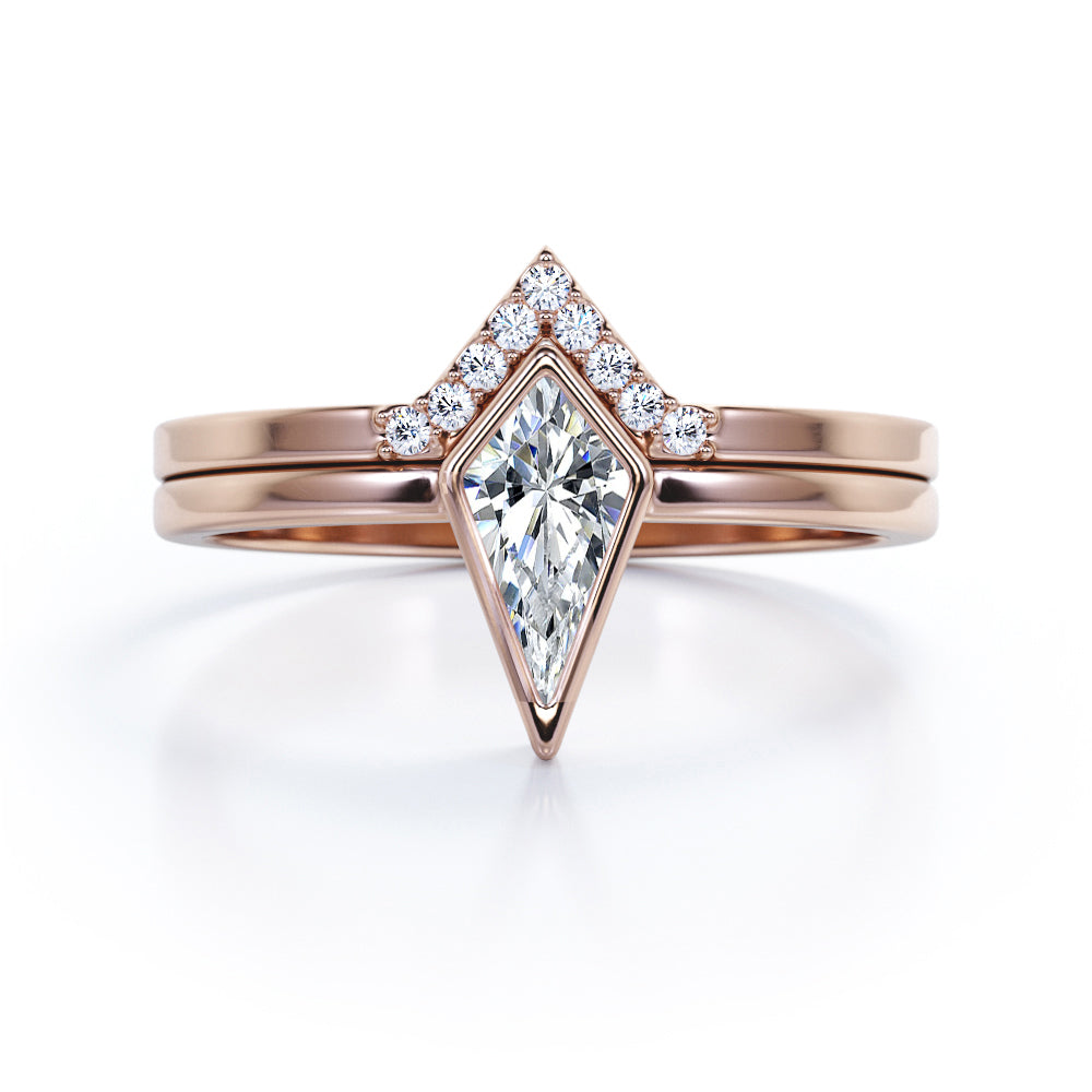 Matching Bezel 1.1 carat Kite Moissanite and Diamond Wedding Set in White Gold