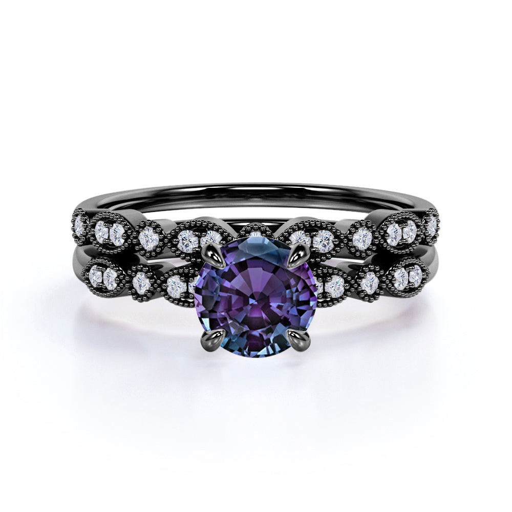 4 Prong Solitaire 1.50 Carat Round Cut Lab Grown Alexandrite and Diamond Marquise Dot Art Deco Wedding Ring Sets