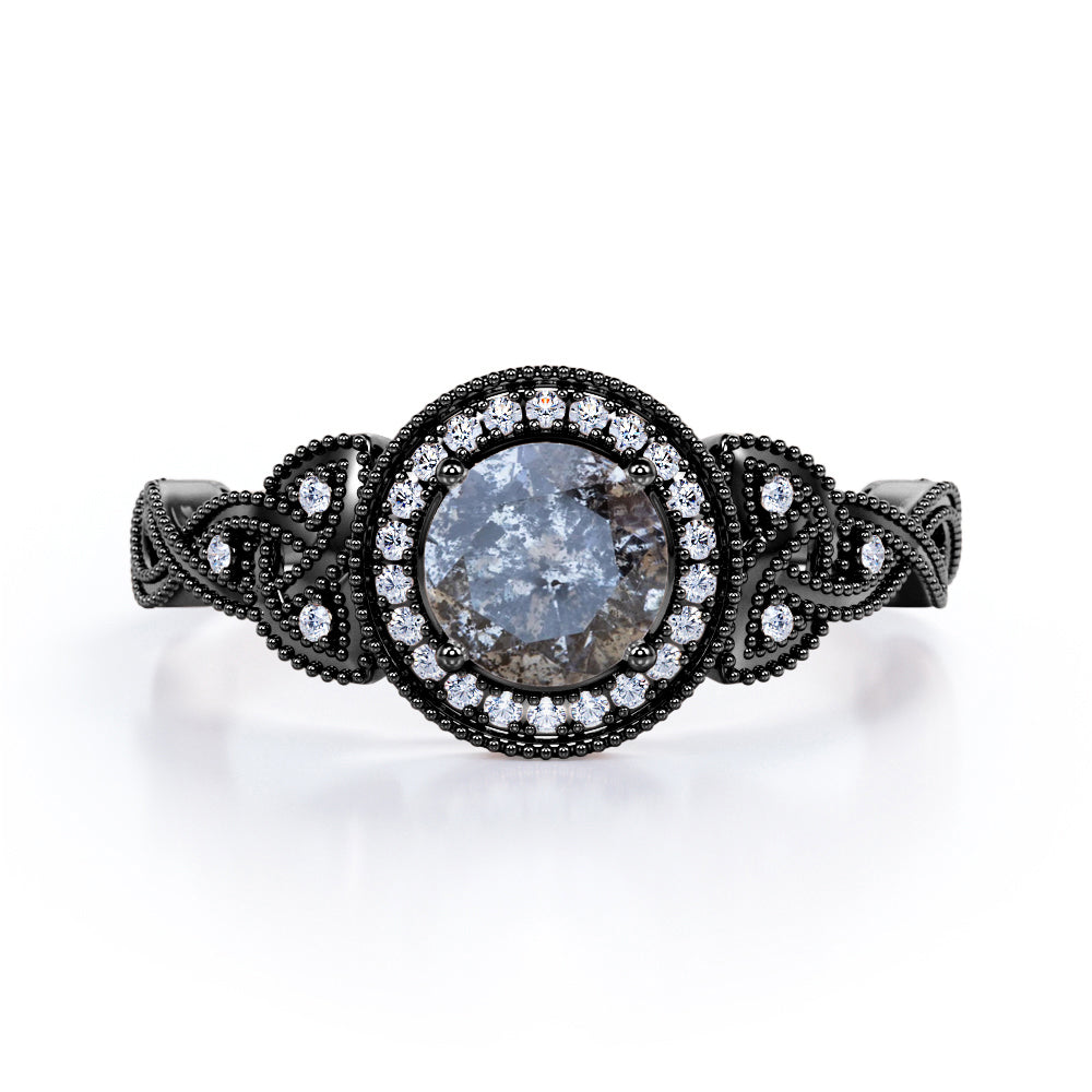 Milgrain Halo 0.70 Carat Translucent Salt and Pepper Diamond Twisted Infinity Engagement Ring In White Gold